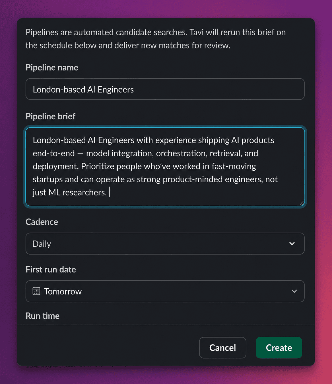 Pipeline form showing a London-based AI Engineers candidate search with daily cadence